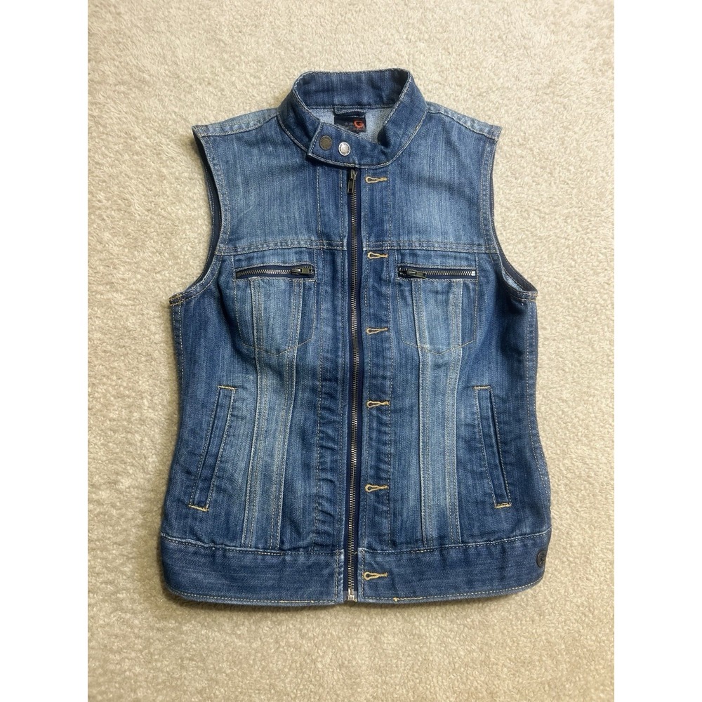 G by GUESS Women's Blue Cotton Blend Denim Biker Zipper Vest Size Small